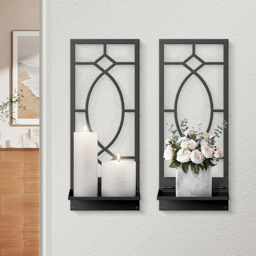 Candle Wall Sconces Set of 2, Black Metal Minimalism Wall Candle Holder for Living Room, Dining Room, Bedroom, Bathroom (2 Pack, 16.5 x 7 in) - color: Black Fashion