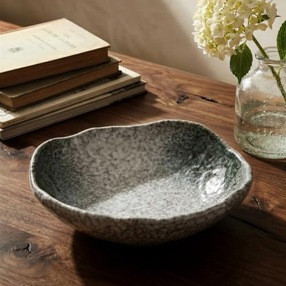 DOWAN 9.5" Wabi-Sabi Decorative Bowl, Irregular Moss Green Glazed Ceramic Catchall Bowl for Keys and Wallet, Stone Texture Centerpiece Table Bowl for Entryway, Living Room & Coffee Table Decor
