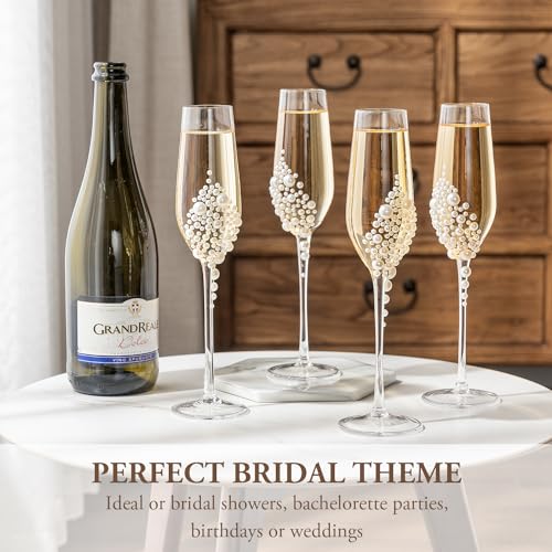 MyGift 6 oz Pearl Champagne Flutes Clear Stemmed Toasting Glasses Set 4 | Faux Pearl Accent, Elegant Stem Design, Perfect for Celebrations, Gift Ready Drinkware, Special Occasion Table Setting - color: White