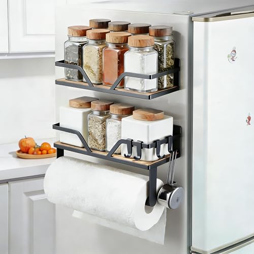 SUNTECH Magnetic Paper Towel Holder with Shelf, 2 Pack Kitchen Roll Holder with 4 Hooks, Farmhouse Spice Rack Organizer Strong Magnets for Fridge, Grill, Black - color: Black, size: 11.8-inch(2 Pack)
