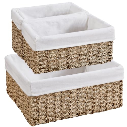 Wicker Basket, Seagrass Wicker Storage Basket with Built-in Handles, Baskets for Organizing, 15'' Large Storage Baskets for Shelves with Liner bathroom organizer (3-Pack Seagrass Baskets Set) - color: Seagrass