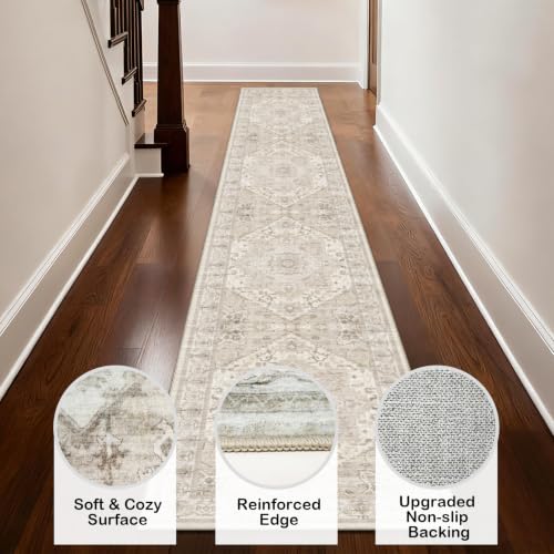 AooHHooA 2x10 Boho Washable Beige Low Pile Runner Rugs, Non Slip Stain Resistant Soft Faux Wool Runners for Hallway Laundry Entryway Bedroom - color: Beige 2, size: 2' x 10' (Runner)