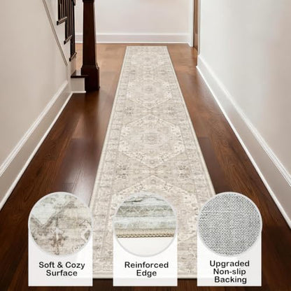 AooHHooA 2x10 Boho Washable Beige Low Pile Runner Rugs, Non Slip Stain Resistant Soft Faux Wool Runners for Hallway Laundry Entryway Bedroom - color: Beige 2, size: 2' x 10' (Runner)