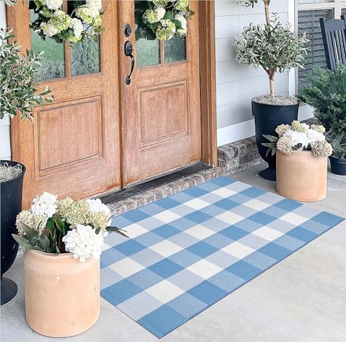 Light Blue and White Layered Doormat 27.5"x43.3",Buffalo Plaid Outdoor Rug | Machine Washable Cotton Woven Door Mats Outdoor Farmhouse Front Porch Rug Combined With Hello/Welcome Mat - color: Light Blue, size: 27.5"x43.3"
