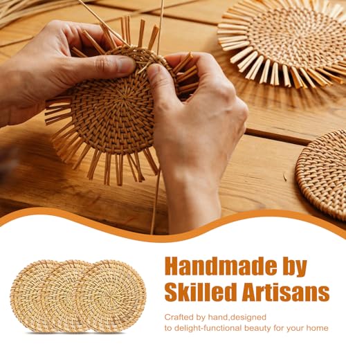 Drink Coasters Set of 6, Handwoven Rattan Coasters with Holder - Coaster for Coffee Table, Boho Cup Coaster for Home Decor Accents-Heat Insulation, 4 Inch(Natural Rattan) - style: Natural Rattan