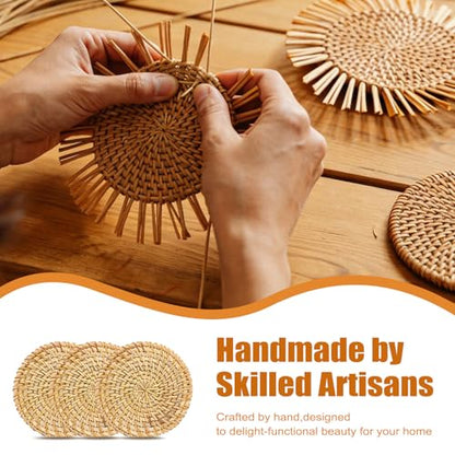 Drink Coasters Set of 6, Handwoven Rattan Coasters with Holder - Coaster for Coffee Table, Boho Cup Coaster for Home Decor Accents-Heat Insulation, 4 Inch(Natural Rattan) - style: Natural Rattan