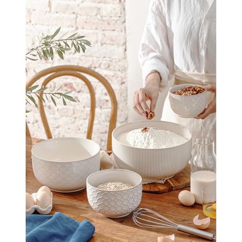 Mikiegy Ceramic Mixing Bowls Set of 4, Nesting Ceramic Embossment Stoneware Mixing Bowls for Cooking, Serving, Popcorn, Salad etc, Microwave & Dishwasher Safe, 20/44/98/145 oz, Off-White - size: 20&44&98&145 oz