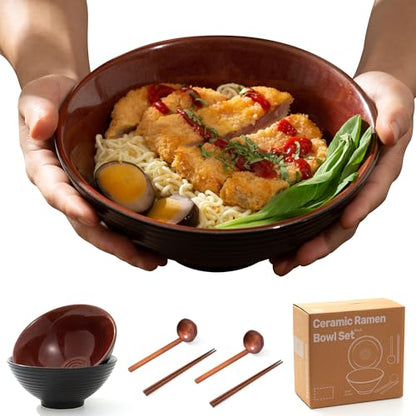 8 Inch Ceramic Ramen Bowl Set of 2, 40oz Japanese Bowls with Spoons & Chopsticks,Durable,Microwave & Dishwasher Safe,Perfect for Ramen,Pho,Salad,Soup,Noodles，Mixing bowls（Carnelian） - color: Carnelian