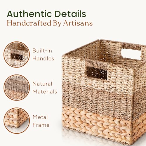 12x12 Baskets for Cube Storage, Wicker Cube Storage Bins Set 4 | 12x12x12 Storage Bins, Foldable Square Baskets For Cube Shelves, Kallax Woven Bins, Versatile Storage, Natural Water Hyacinth - size: 11.8 x 11.8 in