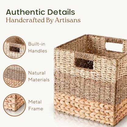 12x12 Baskets for Cube Storage, Wicker Cube Storage Bins Set 4 | 12x12x12 Storage Bins, Foldable Square Baskets For Cube Shelves, Kallax Woven Bins, Versatile Storage, Natural Water Hyacinth - size: 11.8 x 11.8 in