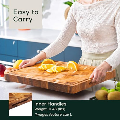 EZ FURNITURE Extra Large (XL) Teak Edge Grain Cutting Board, Reversible, Knife-Friendly Charcuterie Butcher Block, Juice Groove & Handles, Non-Toxic, Gift Box Included (Herringbone, 24" x 18" x 1.5") - color: XL - Herringbone 1.5", size: 24"L x 18"W