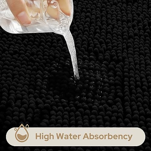HOMEIDEAS 3 Pieces Bathroom Rugs, Ultra Soft Non Slip Absorbent Chenille Toilet Bath Mat Set (Black) - color: Black-black, size: 17"x24"+20"x32"+U Shape 20"x24"