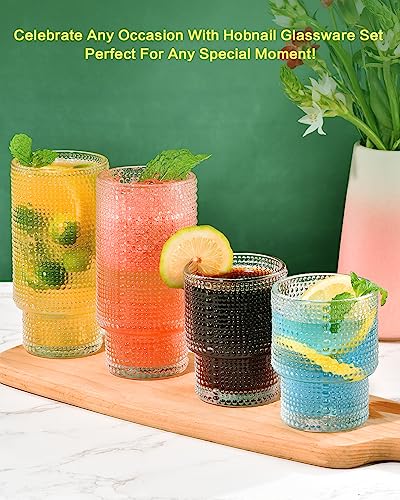ISMASOAN Hobnail Drinking Glasses Set of 12, Stackable Glasses 12 oz & 7 oz | Beaded Drinking Glasses with vintage bubble texture. Gift-ready highball cups for water, juice, cocktails and everyday drinks - style: Stackable Dewdrop Surface