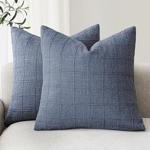Foindtower Set of 2 Decorative Linen Check Throw Pillow Covers Neutral Farmhouse Vintage Cushion Covers Modern Coastal Boho Home Decor for Sofa Chair Couch Bedroom Living Room,16×16 Inch,Blue - color: Blue, size: 16" x 16" (Pack of 2)