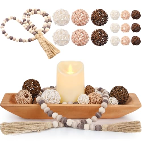 Teenyyou 17 Pcs Wooden Centerpiece Table Decorations Wood Dough Bowl Wicker Rattan Balls Beads String with Tassel Natural Decorative Tray Rustic Bowl Filler for Dining Room Kitchen (Light Brown) - color: Light Brown