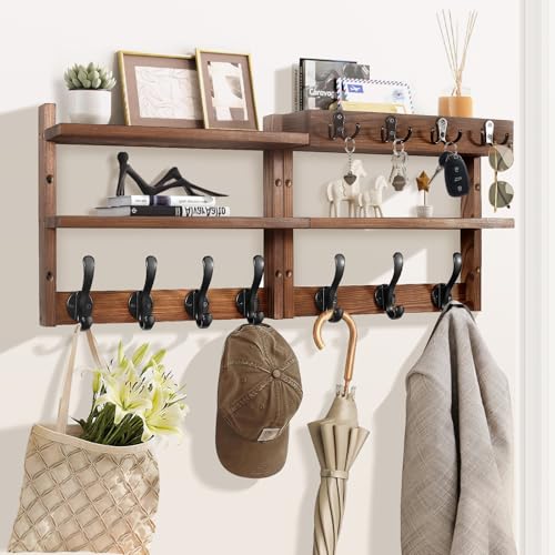 29" Coat Rack Wall Mount with Shelf, Pine Two-Tier Wall Shelf Mounted Coat and Key Hanger with 7 Heavy Duty Hooks 4 Key Hooks, Entryway Key Holder with Mail Holder for Bedroom,Living Room (Brown) - color: Brown Pine