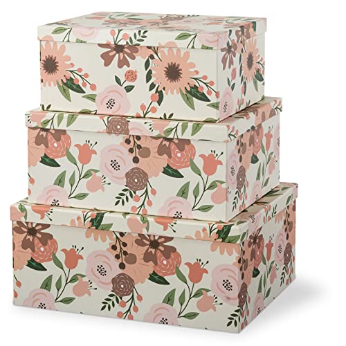 Soul & Lane - Peach Blossoms Decorative Storage Boxes with Lids, Set of 3 | Large Nesting Cardboard Keepsake Boxes for Memories, Photos and Cards, Floral Gift Storage Containers for Home Decor - color: Peach Blossoms