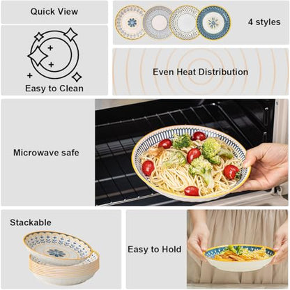 Yeacccng Bohemian Pasta Bowls Set of 8, 8 Inch 24 Oz Ceramic Salad Bowls, Shallow Wide Kitchen Bowls, Lead-Free Cadmium-Free, Dishwasher Microwave Oven Safe, Scratch-Resistant Boho Serving Bowls - size: 8 inch pasta bowl (Colorful*8)