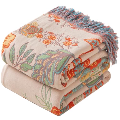 Phuryllic Boho Throw Blanket Throw Size, Soft Cozy Cotton Muslin Quilt Blanket for Bed Decor, Bird Patterned Couch Sofa Chair Cover, Vintage Farmhouse Cottage Tapestry Woven Blanket, Coral&Green - color: Sunset Blossom, size: 50" x 60"