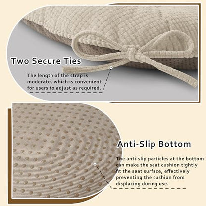 ELFJOY Dining Chair Cushions Set of 2 Non Slip 18"X18"X3" Beige | Thick,Textured Fabric, with Ties, Tufted, Large, for Kitchen, Dining Room, Indoor, Bedroom, Living Room, Office, Comfortable - color: Beige
