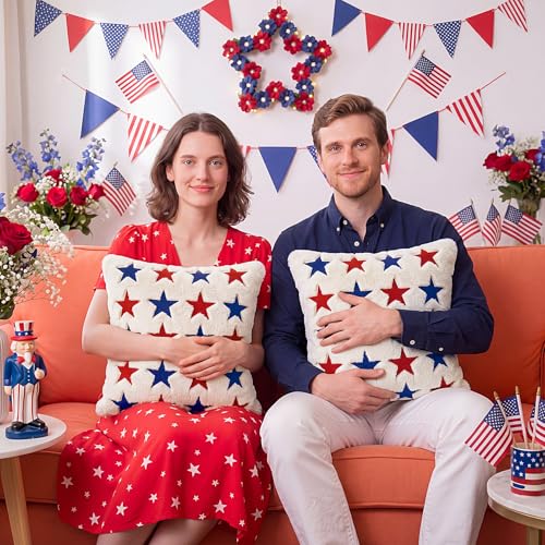 Tiamon 4 Pcs Patriotic 4th of July Throw Pillow Covers 18 x 18 Inch USA Flag American Plush 3D Embroidered Pillow Cases Red White Blue Stars Cushion Covers for Independence Day Decor Sofa Bed Home - style: Patriotic Star