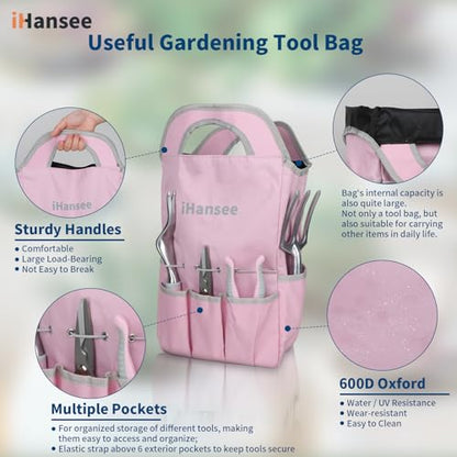 Pink Garden Tools Set 12-Piece, Gardening Gifts for Women | Aluminum Gardening Hand Tool with Non-Slip Handle, Kneeling Pad, Apron, Gloves and Organizer Handbag, Landscaping Tools - color: pink