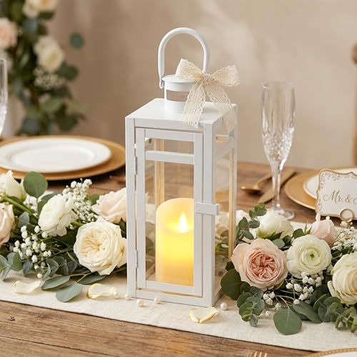 TRIROCKS Decorative Candle Lantern 12'' High Metal Candle Holder with Tempered Glass Perfect for Home Decor Living Room Parties Events Tabletop Indoor Outdoor (White) - color: White