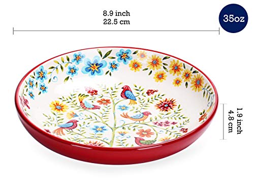 Bico Red Spring Bird Pasta Bowls, 35oz Salad Bowl Set of 4, Large Ceramic Serving Dinner Bowls for Soup and Cereal, Microwave and Dishwasher Safe, Gift for Housewarming and Thanksgiving - color: Red Spring Birds