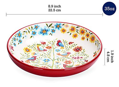 Bico Red Spring Bird Pasta Bowls, 35oz Salad Bowl Set of 4, Large Ceramic Serving Dinner Bowls for Soup and Cereal, Microwave and Dishwasher Safe, Gift for Housewarming and Thanksgiving - color: Red Spring Birds