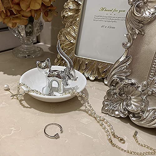PUDDING CABIN Cat Ring Holder Gift for Women, Cat Mom Mothers Day Gifts, Birthday Gifts for Women Girls Friends, Cute Kitty Ceramic Jewelry Rings Earrings Necklace Holder Home Decor - style: Sliver Cat