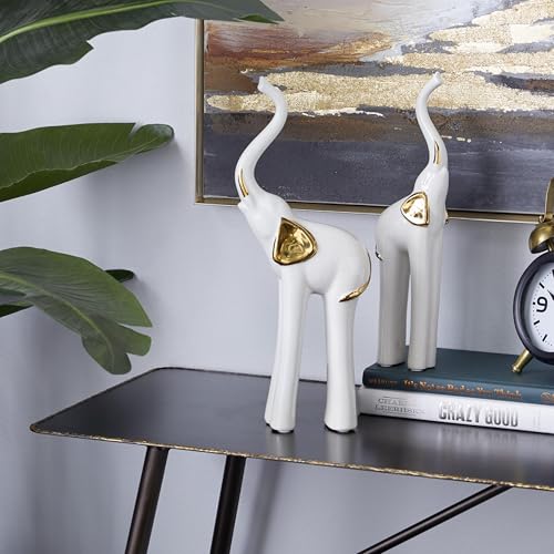 Deco 79 Porcelain Ceramic Sculpture, Set of 2 Sculpture 4"W, 14"H, Gold | Decorative Elephant Animals Home Decor Statues Statue Figurine - size: Set of 2 4"W, 14"H