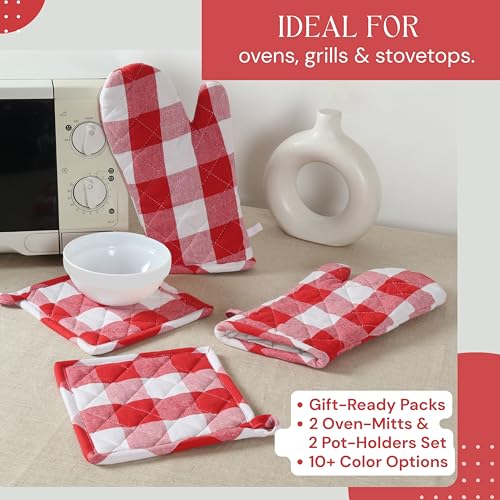 Oven Mitt & Pot Holder Buffalo Plaid Check 100% Cotton Heat Resistant Oven Gloves (7"x13") & Hot Pads (8"x8") Combo for Baking, Cooking - Red - color: Red, Buffalo Plaid