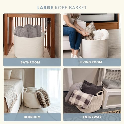 OrganiHaus Round Toy Basket & Blanket Basket, Cotton Rope 20x13" | Full Off-White - Round Cotton Rope Basket, 20x13" - color: Full Off-White, size: Wide