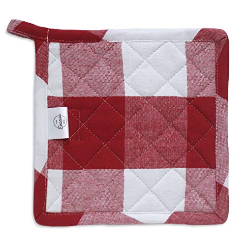Encasa XO Pot Holders, Quilted Kitchen Hot Pads 8"x8" Buffalo Red Checks | 100% Eco-Friendly Cotton | Thick Cotton Padding Insulation | Convenient Hanging Loop | Set of 2 - color: Buffalo Red Checks