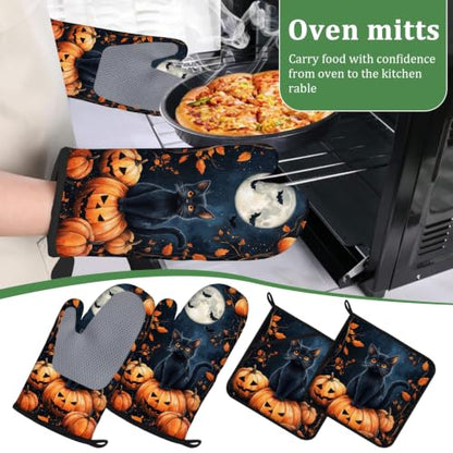 Black Cat Pumpkin Moon Oven Mitts and Pot Holders Sets 4 Pcs Silicone Halloween Kitchen Gloves Heat Resistant Potholders for Baking Grilling BBQ - color: Halloween Black Cat