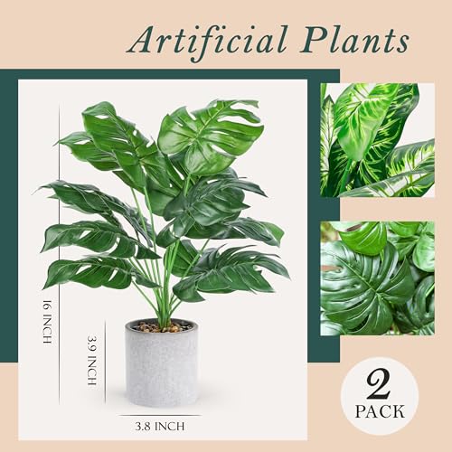 Der Rose 2 Pack 16" Fake Plants Artificial Monstera for Home Decor | Medium potted faux plants with taro and monstera leaves,easy to shape，desk shelf countertop and home accent