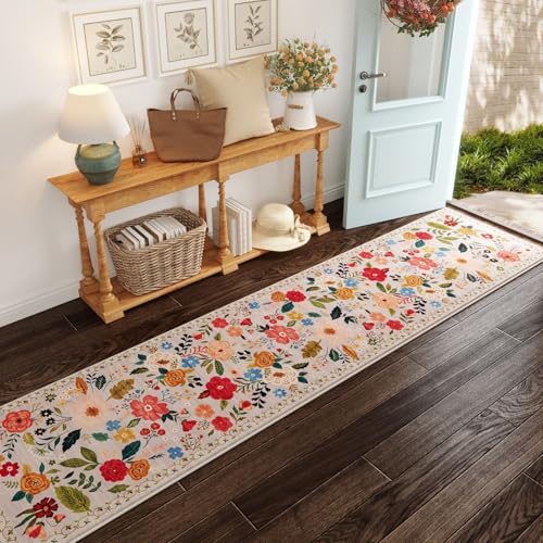 Rugcomf Long Hallway Runner Rug 2'7"x14' - Floral Washable Non Slip Boho Carpet for Kitchen, Entryway, Hall, Bathroom - Beige - color: Beige, size: 2'7" x 14' (Rectangular)