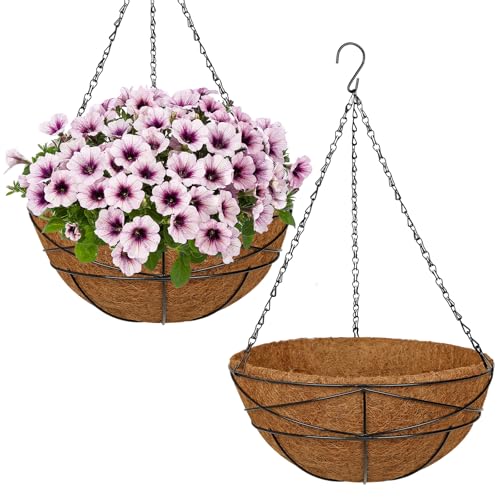 2 Pack 14 inch Metal Hanging Baskets for Plants Outdoor Metal Wire Hanging Basket Planter with Coco Fiber Liners Flower Pots for Home Porch Garden Patio, Diamond-Shaped - size: 14" x 2 Pack, style: Diamond