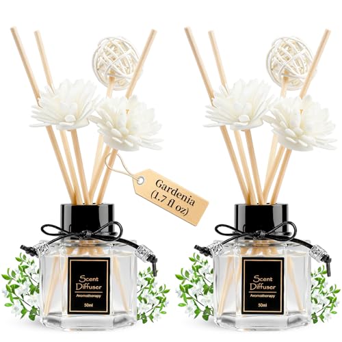 TonJin 2PCS Gardenia Reed Diffuser Set 1.7 fl oz with 6 Scent Sticks, White Floral Home Fragrance, Natural Scented Oil Sticks for Bathroom, Living Room & Bathroom | Non-Toxic Air Freshener