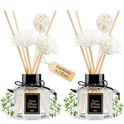 TonJin 2PCS Gardenia Reed Diffuser Set 1.7 fl oz with 6 Scent Sticks, White Floral Home Fragrance, Natural Scented Oil Sticks for Bathroom, Living Room & Bathroom | Non-Toxic Air Freshener