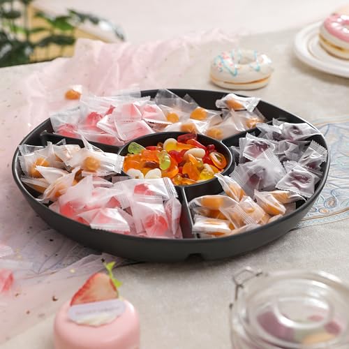 Chip & Dip Serving Tray Set, 4 Sectional Round Melamine Serving Platter, Relish Tray, Round Compartment Appetizer platter for Veggies, Candy and Snacks, Matte Black, Set of 2 - color: Black Rround Divided Tray