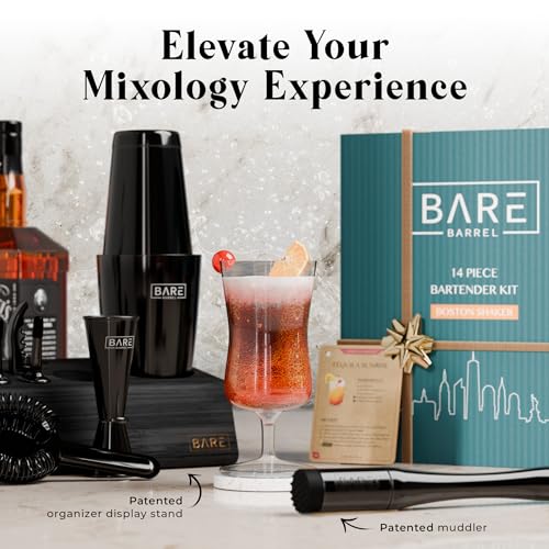 BARE BARREL® Mixology Bartender Kit Bar Set | 14-Piece Cocktail Shaker Set | Martini Barware Mixing Tools for Home Bartending | Incl. 35 Recipe Cards | Gift Set (28oz Boston Shaker, Jet Black/Black) - color: Jet Black/Black