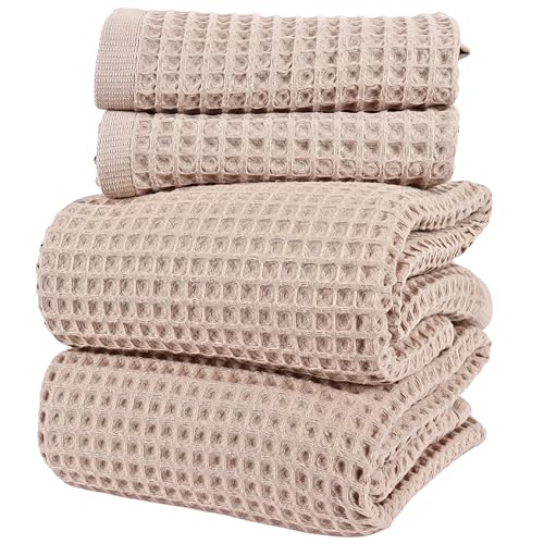 PÜSKÜL Natural 100% Turkish Cotton Waffle Towels Set for Bathroom (4-Piece) | Beige, Large Size 2 Hand and 2 Bath Towel, Quick-Dry Soft Absorbent Premium 3D Honeycomb Weave, Oeko-Tex Made in Turkey - color: Beige