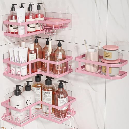 Youvip 4-Pack Adhesive Corner Shower Caddy with Soap Holder, No Drilling Wall Mounted Shower Shelves-Rustproof, Organizer for Bathroom, Kitchen & Home Decor. Pink - color: Pink-4pc