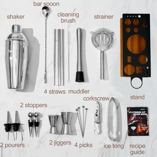 23-Piece Cocktail Shaker Set with Stand, 304 SS, Bartender Kit Gift | Complete Home Bar Set: Leak-proof Shaker, Jigger, Muddler, 18/8 Steel, Gift for beginners, cocktail lovers & house parties - color: Brown