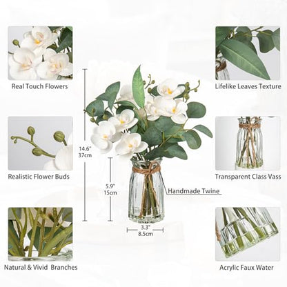 White Orchids Artificial Flowers with Vase Fake Flowers in Vase Artificial Eucalyptus Stems in Glass Vases with Faux Water Faux Orchid with Eucalyptus Leaves Arrangement for Dining Table Centerpiece - color: White & Clear Vase