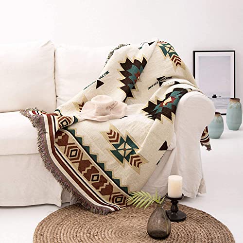 Native American Aztec Throw Blanket, Beige Turqoise, 50"x70" | Bohemian Throw, Native American Blanket with Tassel, Western Decor For Couch, Sofa, Chair, Loveseat, Bed, Recliner, Window - color: Beige Green