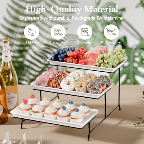 Bumusty 3-Tier Melamine Serving Tray Set, 14 x 7 in, Black Stand | Melamine Reusable Platters with Metal Display Stand for Cupcakes, Desserts, Fruit, Cookies, Parties, Birthdays and Holidays - color: Black, size: 14" x 7"