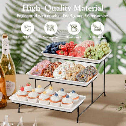 Bumusty 3-Tier Melamine Serving Tray Set, 14 x 7 in, Black Stand | Melamine Reusable Platters with Metal Display Stand for Cupcakes, Desserts, Fruit, Cookies, Parties, Birthdays and Holidays - color: Black, size: 14" x 7"