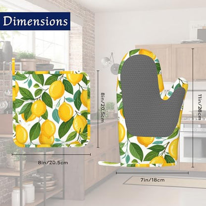 Yellow Lemon Pot Holders and Oven Mitts Set Silicone Tropical Summer Fruit Kitchen Gloves Potholders Heat Resistant Washable,Chef Cooking Baking Gifts for Women Men Bakers Lover Cooks - color: Yellow Lemon,tropical Summer Fruit